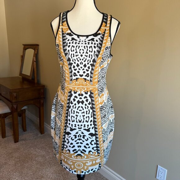 Buffalo David Bitton sleeveless sheath dress white black gold office evening SzL - Picture 1 of 9